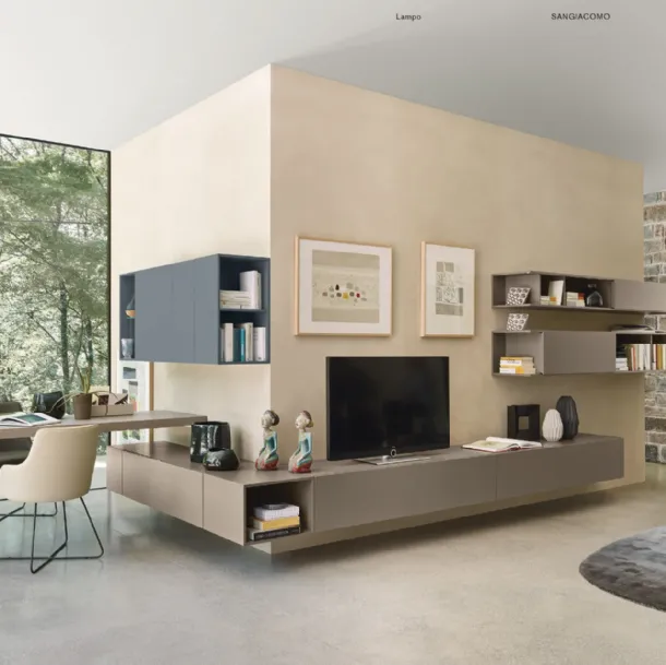 Parete Attrezzata Composizione Horizon 919 in laccato opaco, legno e metallo di Mobilgam