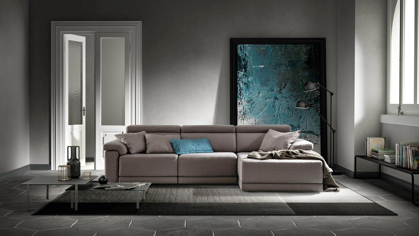 Divano in tessuto con penisola e sedute estraibili Comfort di Samoa