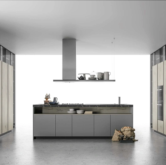Cucina Design Aspen in Rovere nodato e Vetro grigio di Doimo Cucine