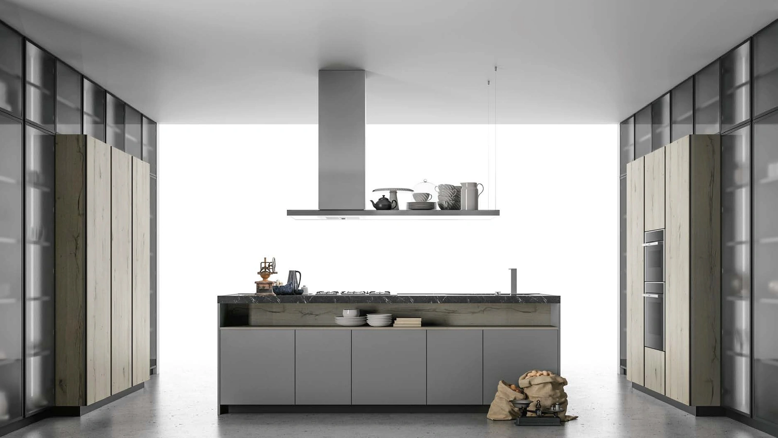 Cucina Design Aspen in Rovere nodato e Vetro grigio di Doimo Cucine