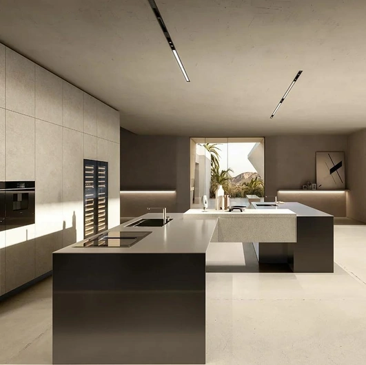 Cucina Design in fibra di carbonio e vetro acidato laccato con isola C4K di Doimo Cucine
