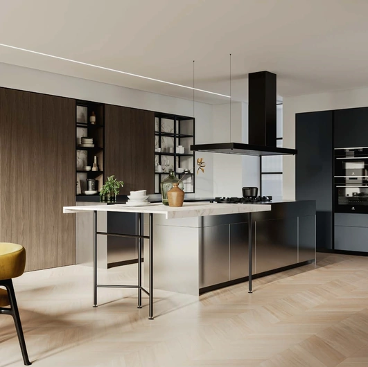 Cucina Design D23 impiallacciato Michelangelo, Inox e Antracite di Doimo Cucine