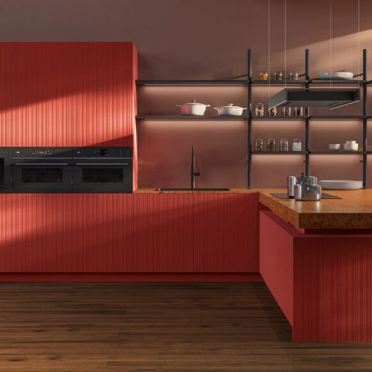 Cucina Design con penisola Impronta 06 in laccato e marmo di Doimo Cucine
