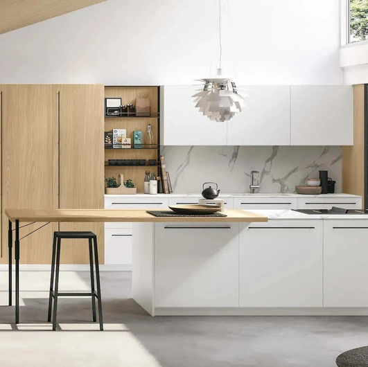 Cucina Moderna con penisola Metropolis 06 in Pet Bianco e Rovere Sole di Stosa
