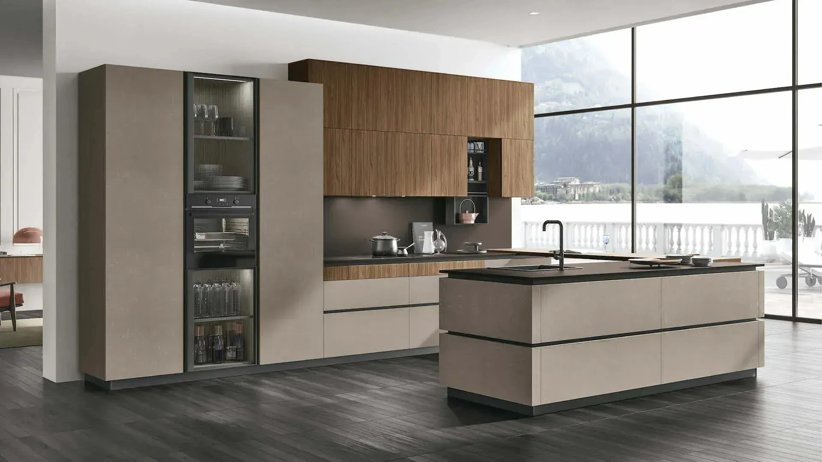 Cucina Moderna con penisola Metropolis 12 in materico Cemento Visone e Noce Eucalipto di Stosa