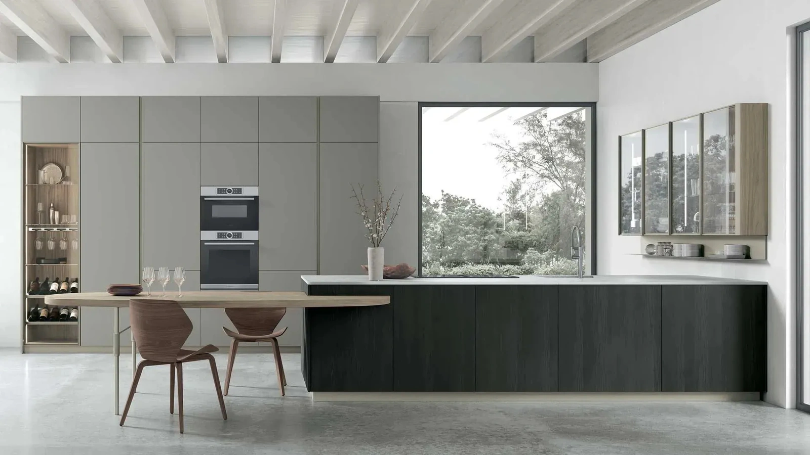 Cucina Moderna in Pet Grigio Fumo con penisola in Larice Noir Metropolis 15 di Stosa
