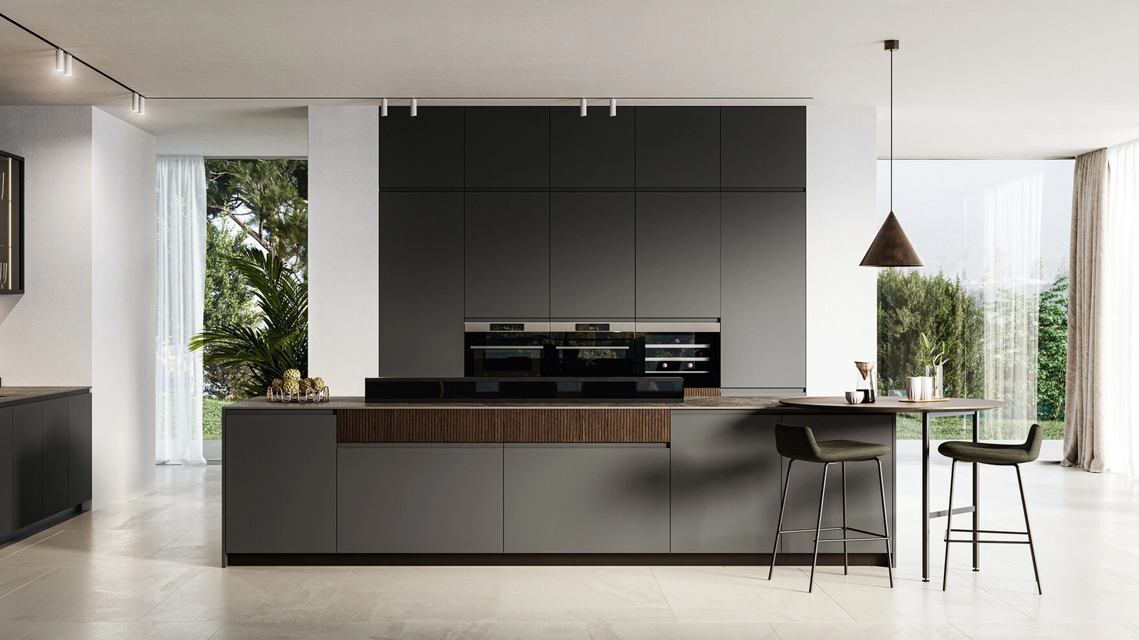 Cucina Moderna con isola Wega 01 in pet lavagna e millerighe noce di Arredo3