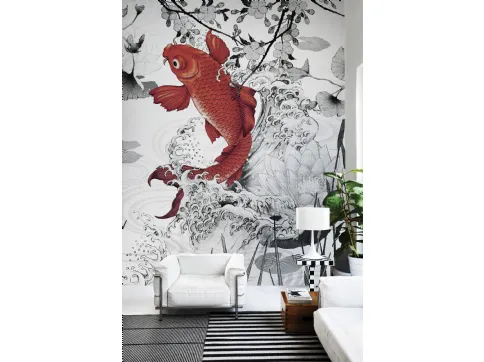 Carta da parati con carpa rossa e sfondo in bianco e nero Koi re-edition di London Art