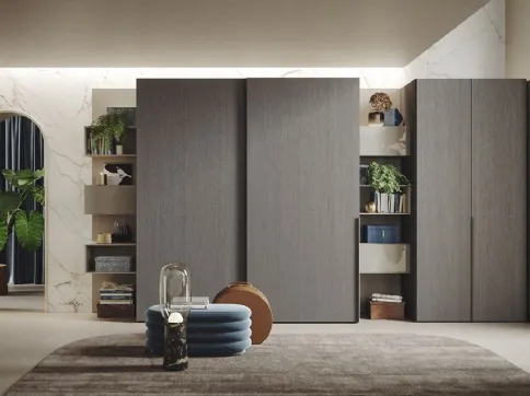 Armadio Ante Scorrevoli 08 in rovere fumo con elementi Free e contenitori Live di Morassutti