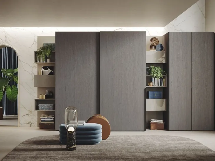 Armadio Ante Scorrevoli 08 in rovere fumo con elementi Free e contenitori Live di Morassutti