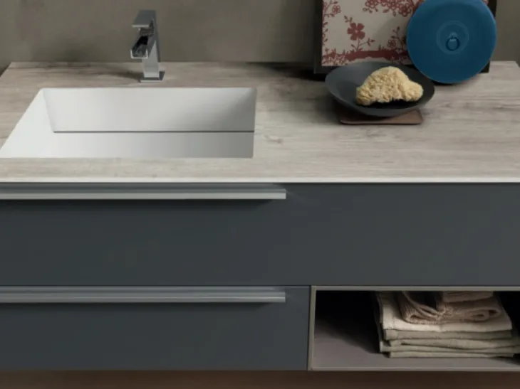 Mobile da Bagno sospeso M System C015 in laccato opaco Grigio Grafite e top con vasca integrata di Baxar