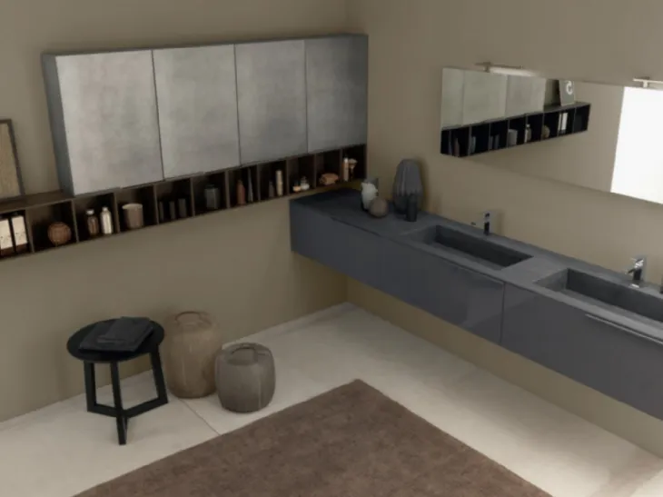 Mobile bagno sospeso M1 System C105 in laccato lucido Grigio Grafite con top in gres porcellanato Pietra di Savoia Antracite di Baxar