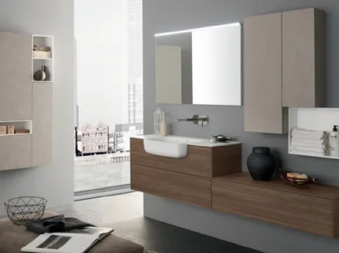 Mobile da Bagno sospeso M System C011 in melaminico Eucalipto Sablè Canaletto con pensili laccati di Baxar