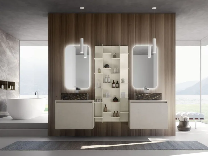 Mobile da Bagno sospeso M2 System 225 in laccato opaco Platino con lavabo in gres effetto marmo di Baxar