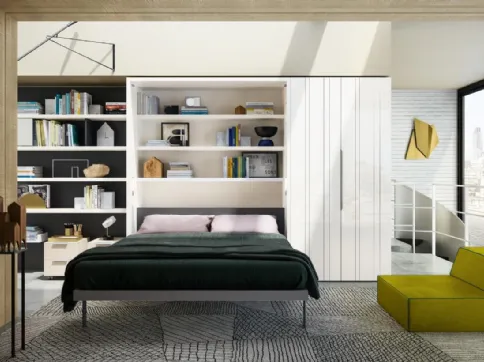 Sistema trasformabile Ambiente 12 con Penelope 2 Board vista chiuso e chaise longue Miguel con Living Young System componibile  di Clei