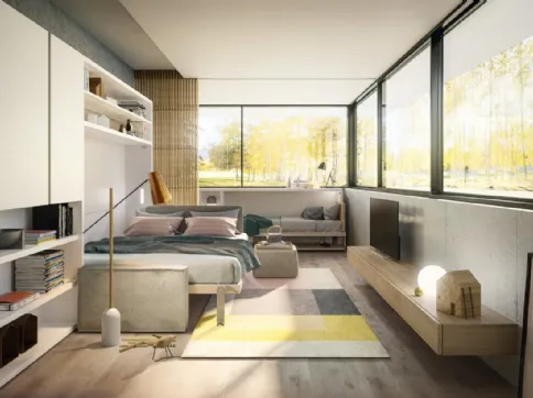 Sistema trasformabile Ambiente 16 vista aperta con Circe Sofa e Kali Board compreso Tetris e Living Young System componibile di Clei