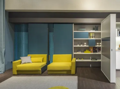 Sistema trasformabile Ambiente 21 vista aperta Ella E Louise anche letti singoli divisibili con Kitchen Box e Living Young System componibile di Clei