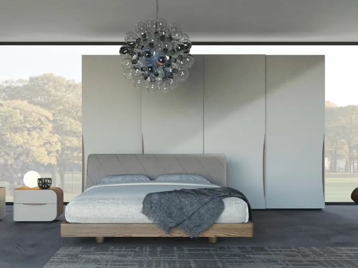 Letto in legno di quercia con testiera imbottita in econabuk cenere Eikon Plus di Voltan