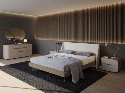 Letto in legno con imbottitura frontale in velluto e piedini in vetro Eikon Quercia di Voltan