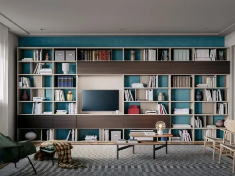 Libreria componibile a muro Logic Collection 05 in rovere affumicato e laccato sabbia opaco di Morassutti