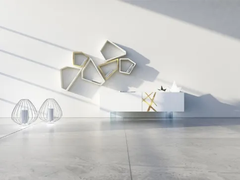 Madia in laccato bianco con particolare in bronzo graffiato e piedi in vetro Comp 25 di Voltan
