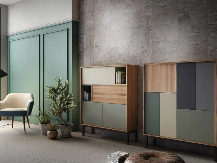 Madia alta Living 10 in laccato opaco colori vari e Aria Larice Cortina di Arredo3