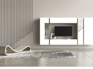 Parete Attrezzata Comp 12 in laccato opaco bianco, ceramica e bronzo graffiato di Voltan
