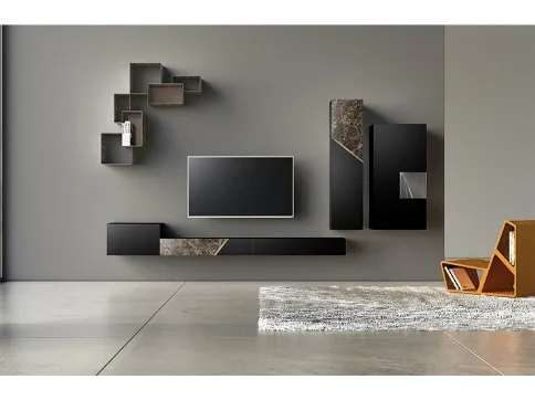 Parete Attrezzata Comp 13 in laccato opaco, ceramica e bronzo graffiato di Voltan