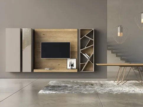 Parete Attrezzata Comp 14 in laccato opaco, ceramica e bronzo graffiato con spalla e piano d'appoggio in legno di quercia di Voltan