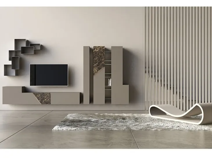Parete Attrezzata in laccato opaco con inserti in ceramica e bronzo graffiato Comp 15 di Voltan