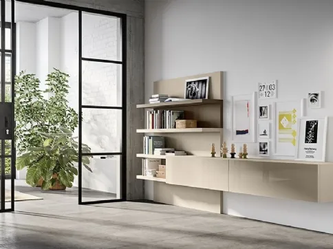 Parete Attrezzata Live 10 BE GLOSSY in vetro visone lucido, laccato opaco visone e grigio tortora di Morassutti
