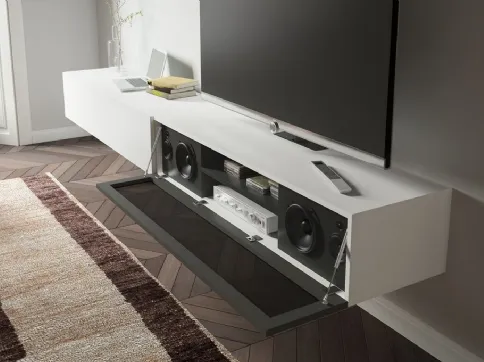 Parete Attrezzata sospesa Live 17 DECOR in laccato opaco bianco e nero e tessuto acustico nero di Morassutti