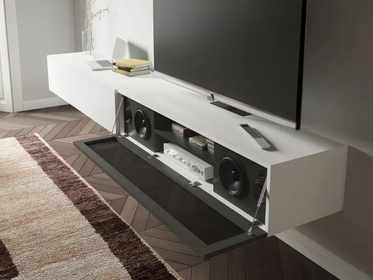 Parete Attrezzata sospesa Live 17 DECOR in laccato opaco bianco e nero e tessuto acustico nero di Morassutti