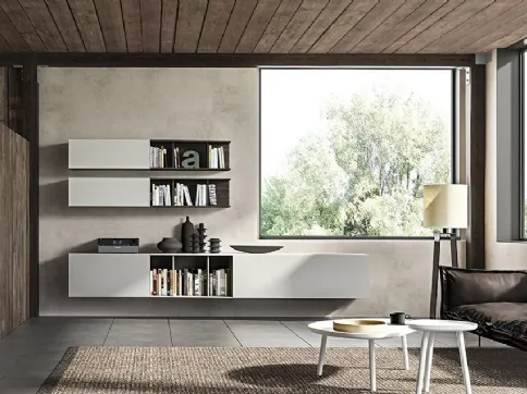 Parete Attrezzata sospesa Live 19 RETRO STYLE in laccato nuvola opaco e rovere affumicato di Morassutti