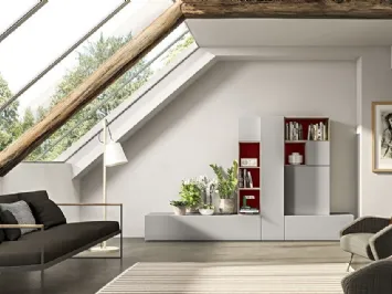 Parete Attrezzata Live 23 GREY & WOOD in laccato opaco sabbia e rosso cina e rovere naturale di Morassutti