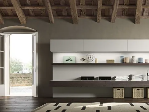 Parete Attrezzata Live 26 LIGHT in rovere affumicato e laccato canapa opaco di Morassutti
