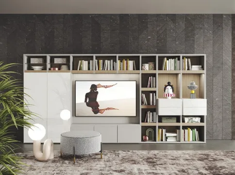 Parete Attrezzata Live & Logic Systems 07 in laccato lucido e opaco, vetro bianco lucido con struttura e mensole in rovere naturale di Morassutti