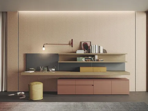 Parete Attrezzata Live & Logic Systems 11 in rovere avana e in laccato mattone opaco di Morassutti