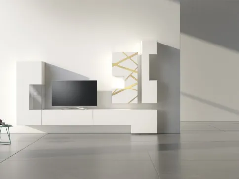 Parete Attrezzata in laccato bianco con inserto in bronzo graffiato Comp 16 di Voltan