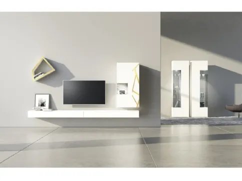 Parete Attrezzata Comp 08 in laccato opaco bianco, con pensile decorato in bronzo graffiato di Voltan