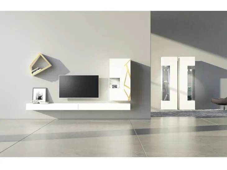 Parete Attrezzata Comp 08 in laccato opaco bianco, con pensile decorato in bronzo graffiato di Voltan