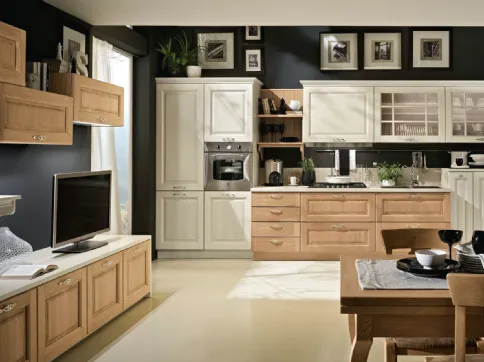 Cucina Classica Bolgheri v6 Finitura Rovere Naturale e Burro, Maniglia MX0A, Pomolo PX0B, Top Laminato Corten Sabbia di Stosa