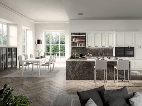 Cucina Classica angolare con penisola in legno di Frassino laccato Bianco a poro aperto e laminato effetto marmo Emma di Arredo3