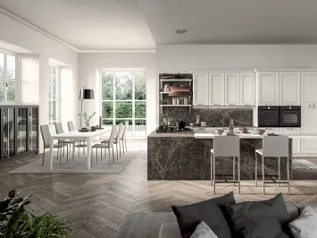 Cucina Classica angolare con penisola in legno di Frassino laccato Bianco a poro aperto e laminato effetto marmo Emma di Arredo3