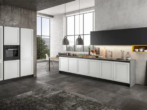 Cucina Classica lineare in Pet opaco Bianco, pensili in laccato Nero e top in laminato Grigio Frame di Arredo3