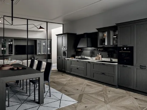 Cucina Classica lineare in legno di frassino finitura decapè Titanio e top in quarzo Opera di Arredo3