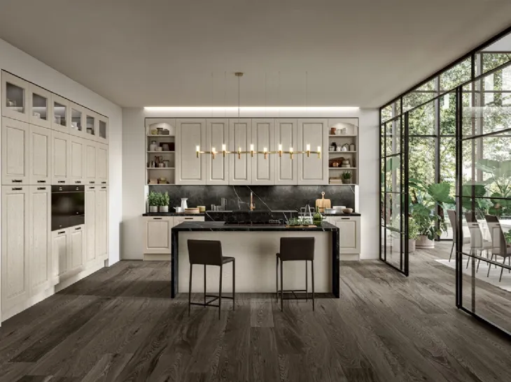 Cucina Classica con isola in legno di Frassino finitura Juta decapè e top in Dekton Verona di Arredo3