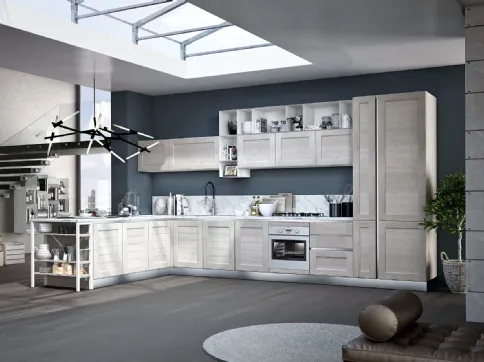 Cucina Classica York v6 in Rovere Calce, Elementi a giorno in lamiera finitura Laccato Bianco opaco di Stosa