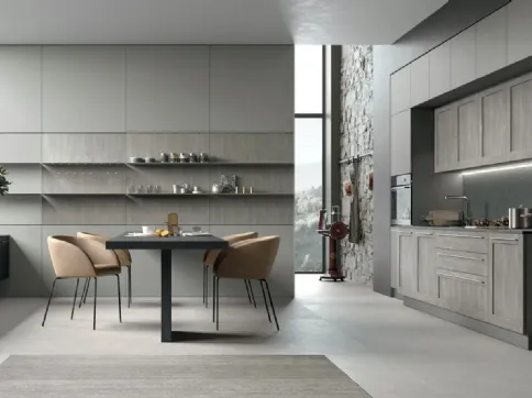 Cucina Moderna lineare City v07 in Termo Strutturato Rovere Brizzo e Pet Grigio Fumo di Stosa