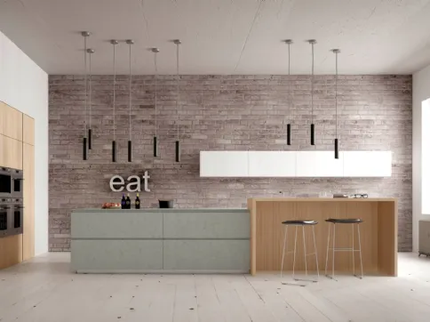 Cucina Moderna Forty5 01 finitura Resina cementizia Diorite, laccato Bianco e Olmo chiaro di Valdesign